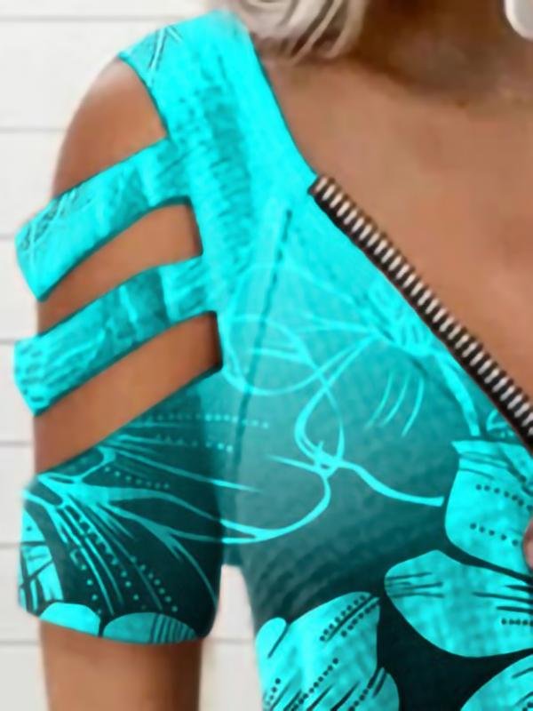 Loose V-neck Print Short-sleeved T-shirt - LuckyFash™