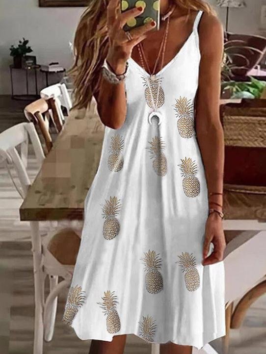 Loose V-Neck Printed Suspender Dress - LuckyFash™