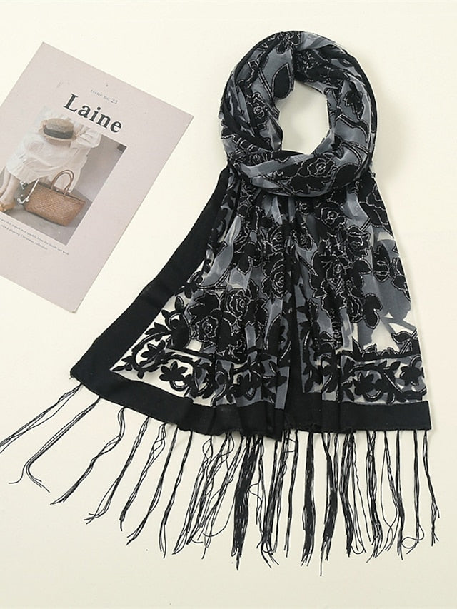 Fashion Women Viscose Scarf Laser Cut Lace Floral Patchwork Tassel Hijab Shawls and Wraps Female Foulards Echarpe for Women - LuckyFash™