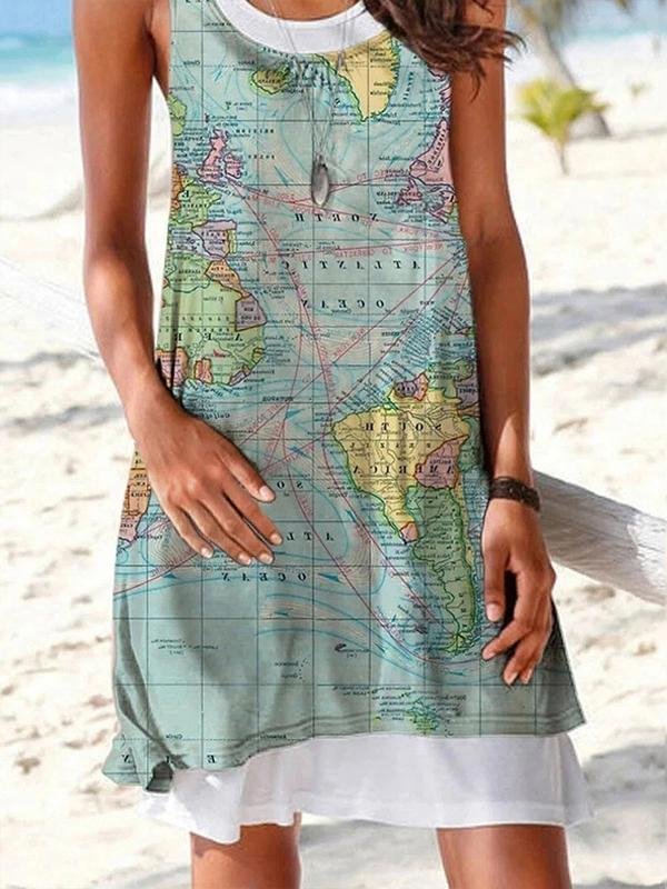 Map Printing Sleeveless Casual Fake 2 Dresses - LuckyFash™