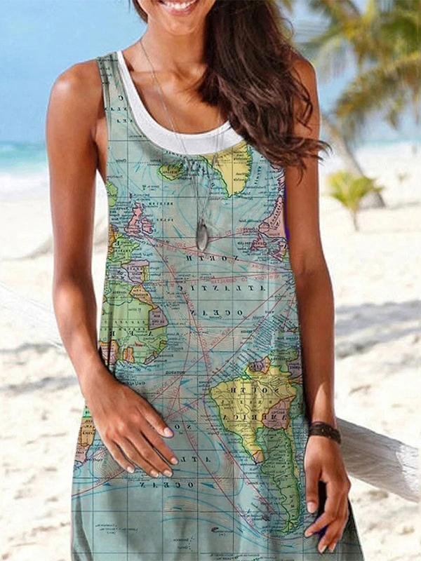 Map Printing Sleeveless Casual Fake 2 Dresses - LuckyFash™