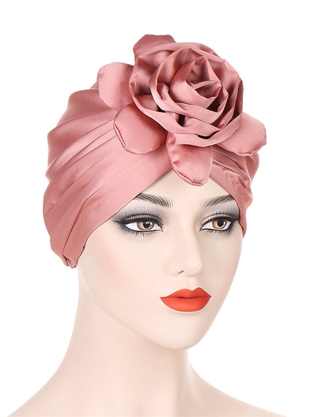 Big Flower Muslim Women Turban Satin Head Wrap Hijab Sleep Night Hat Hair Care Cap Indian Elastic Beanie Ladies Hair Loss Headwear - LuckyFash™