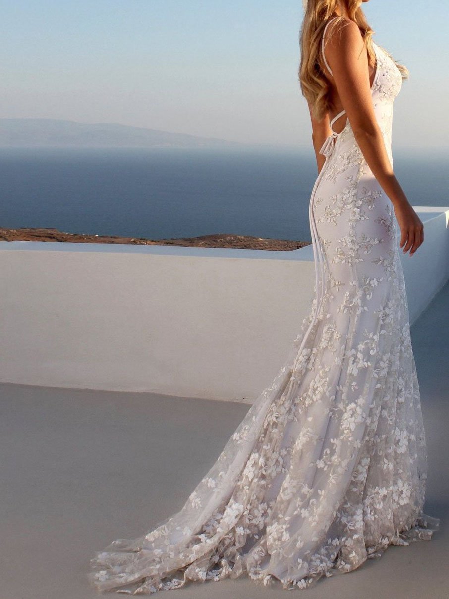 Mermaid Spaghetti Straps Lace Beach Wedding Dress - LuckyFash™