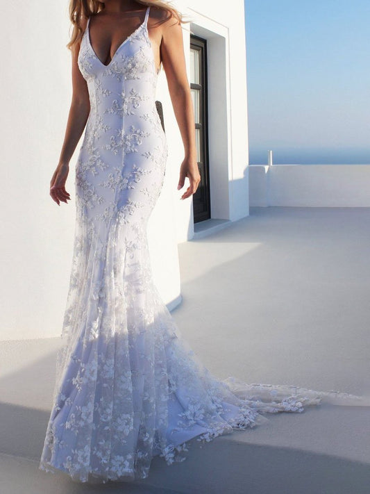 Mermaid Spaghetti Straps Lace Beach Wedding Dress - LuckyFash™