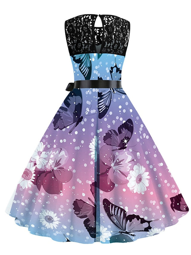 Women's Elegant Retro Lace Dress Midi Dress Outdoor Office Lace Patchwork Butterfly Crew Neck Sleeveless Regular Fit Summer Spring 2023 Navy Blue Blue S M L XL - LuckyFash™