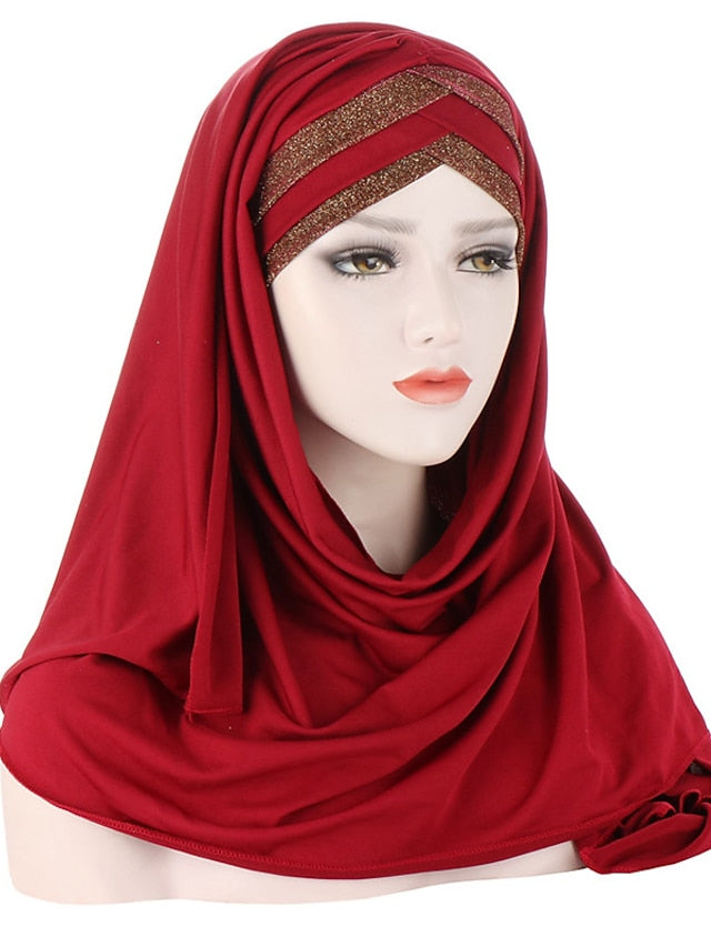 Forehead Cross Hair Wrap Scarf Solid Color Glitter Sequins Jersey Hijabs Muslim Headband Women Turban Hair Cap Headscarf - LuckyFash™