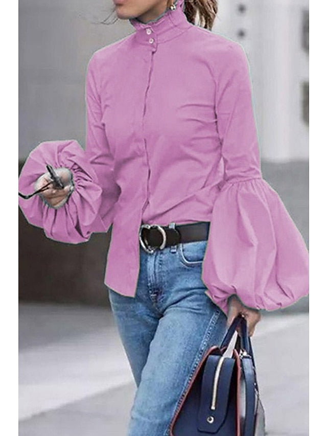 elegant turtleneck balloon sleeve work solid blouse - LuckyFash™