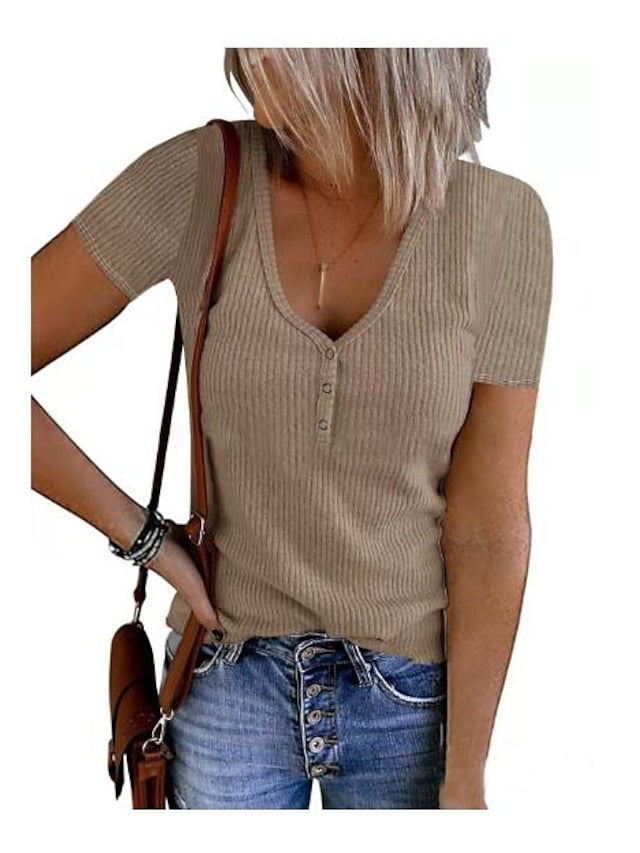 Women's Henley Shirt T shirt Tee Black White Pink Plain Button Short Sleeve Casual Daily Sexy Round Neck Regular S - LuckyFash™