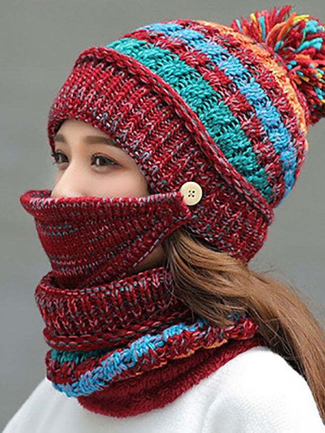 women girls knitted hat scarf mask set winter fleece lined beanie knit ear flaps hat with pompom (pink) - LuckyFash™