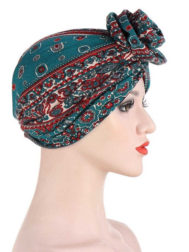 Ethnic Plaid Pattern Cashew Print Big Flower Headscarf Bonnet Women Turban Hat Turbante Femme Musulman India Hat Islamic Head Wrap Turban for Women - LuckyFash™