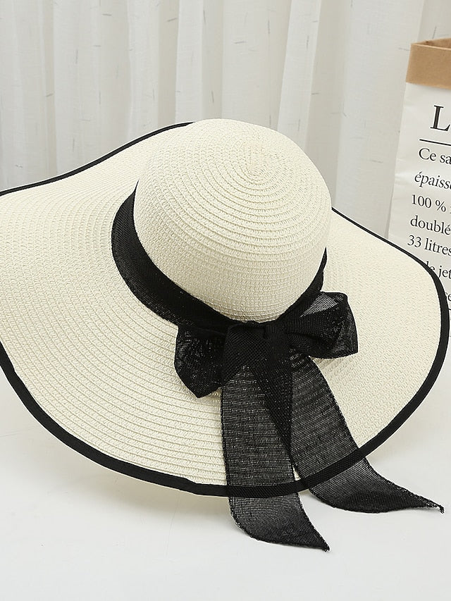 Women's Hat Straw Hat White Khaki Beige Lawn Festival Braided Bow Print Portable Windproof Breathable - LuckyFash™