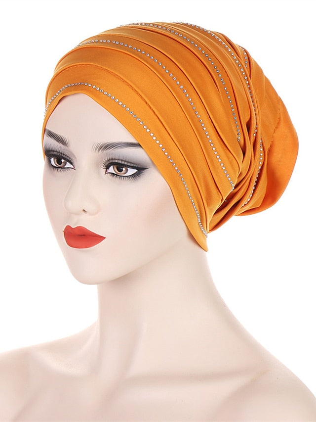 Rhinestones Women's Pleated Turban Cap African Hat Muslim Headscarf Bonnet Ladies Head Wraps - LuckyFash™