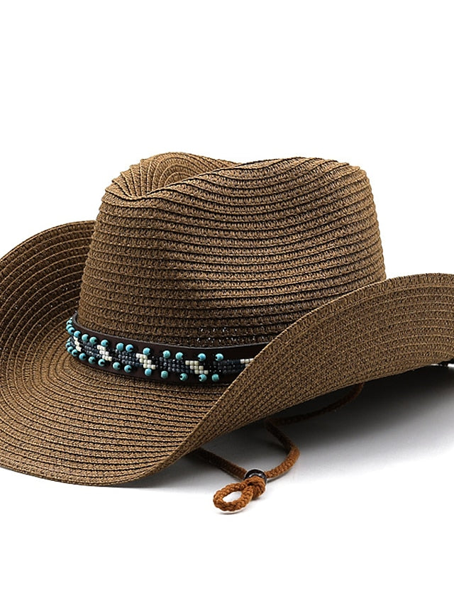 British Wind with Bead Leather Rope Cowgirl Summer Straw Hat for Women Men Western Cowboy Hat Lady Trendy Beach Sun Hat for Women - LuckyFash™