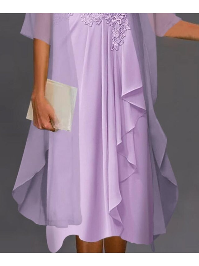 Women‘s A Line Dress Knee Length Dress Blue Purple Pink Half Sleeve Floral Pure Color Ruched Mesh Fall Spring Crew Neck Elegant Casual Classic 2023 S M L XL XXL 3XL - LuckyFash™