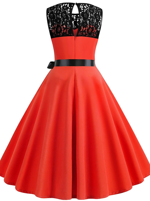 Women's Lace Dress Vintage Dress Swing Dress Midi Dress Light Blue Wine Red Black Sleeveless Print Lace up Summer Spring Fall Crew Neck 1950s Party Spring Dress 2023 S M L XL XXL - LuckyFash™