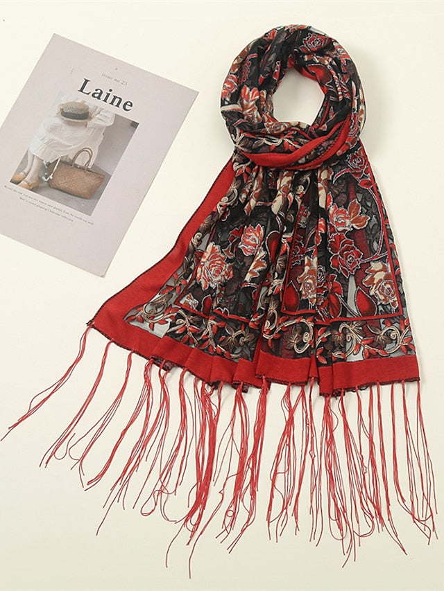 Fashion Women Viscose Scarf Laser Cut Lace Floral Patchwork Tassel Hijab Shawls and Wraps Female Foulards Echarpe for Women - LuckyFash™