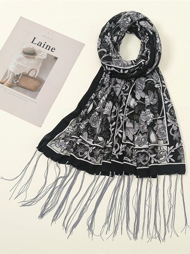Fashion Women Viscose Scarf Laser Cut Lace Floral Patchwork Tassel Hijab Shawls and Wraps Female Foulards Echarpe for Women - LuckyFash™