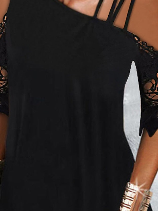 Women's Lace Dress A Line Dress Mini Dress Black Short Sleeve Pure Color Lace Spring Summer Spaghetti Strap Modern Weekend 2023 S M L XL - LuckyFash™
