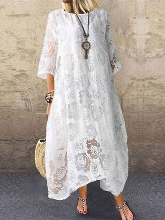 Women's Lace Dress Shift Dress Long Dress Maxi Dress Black White Red 3/4 Length Sleeve Pure Color Lace Summer Spring Crew Neck Elegant Loose Fit 2023 M L XL XXL 3XL 4XL 5XL - LuckyFash™