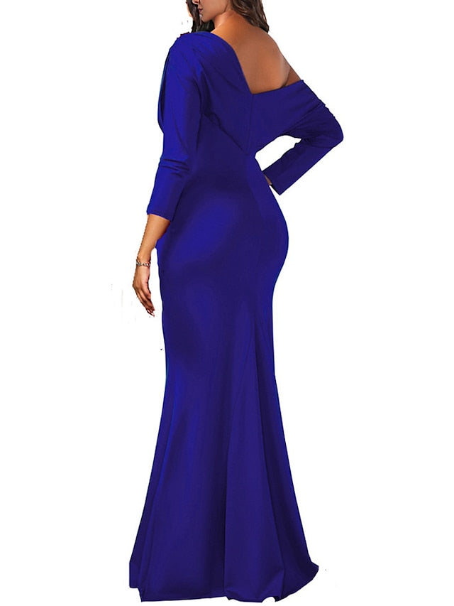 Women‘s Formal Party Dress Sheath Dress Long Dress Maxi Dress Black Blue Red Long Sleeve Pure Color Ruched Fall Spring One Shoulder Winter Dress 2023 S M L XL XXL - LuckyFash™