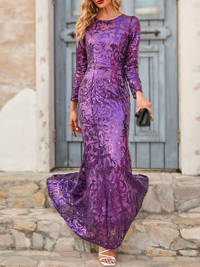 Women‘s Formal Party Dress Sequin Dress Sheath Dress Long Dress Maxi Dress Purple Gold Long Sleeve Sequins Winter Fall Autumn Crew Neck Fashion Winter Dress Weekend S M L XL XXL 3XL 4XL 5XL - LuckyFash™