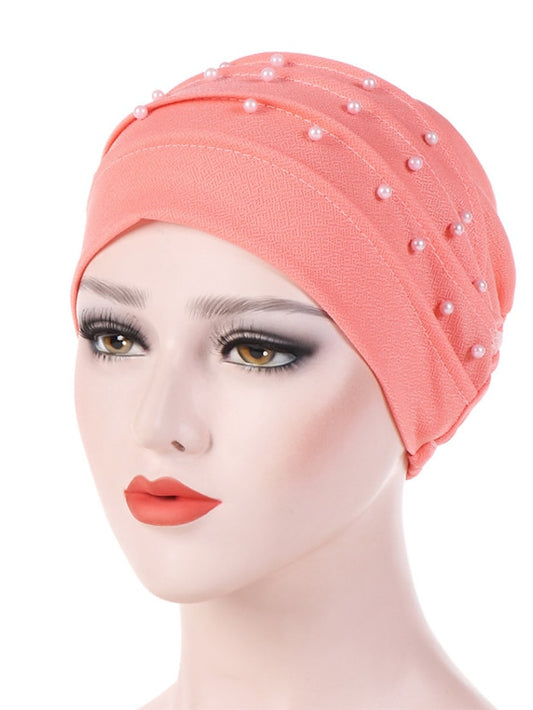 Muslim Women Turban Scarf Beaded Turban Hat Solid Color Beanies Cap Islamic Wrap Headscarf Musulman Femme Hijab Hair Care Accessories - LuckyFash™