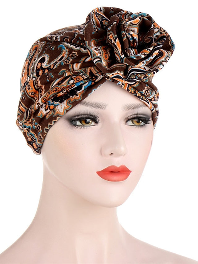 Ethnic Plaid Pattern Cashew Print Big Flower Headscarf Bonnet Women Turban Hat Turbante Femme Musulman India Hat Islamic Head Wrap Turban for Women - LuckyFash™