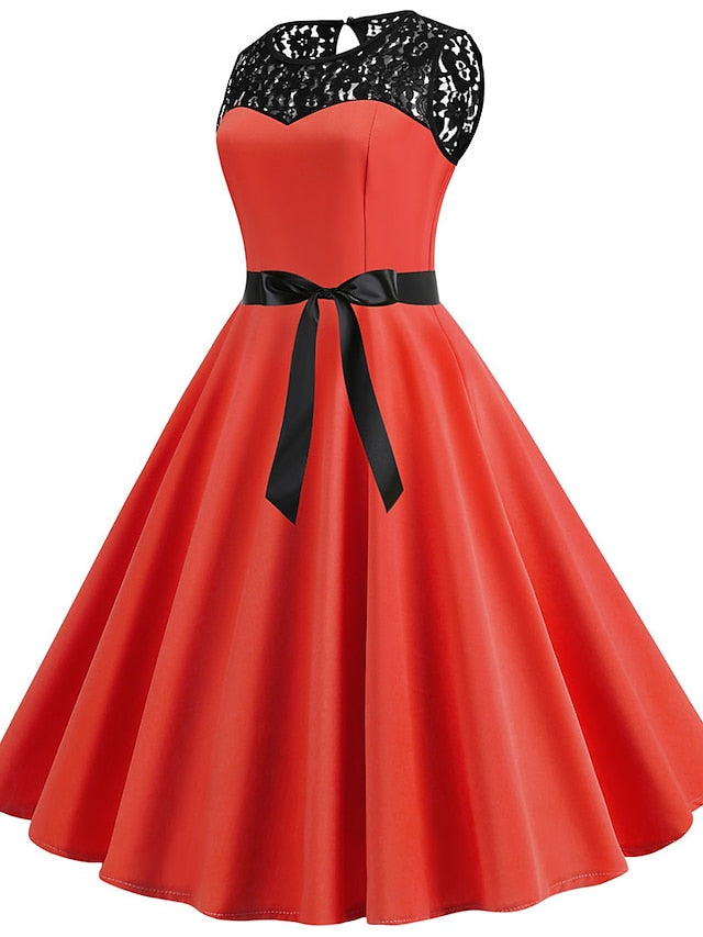 Women's Lace Dress Vintage Dress Swing Dress Midi Dress Light Blue Wine Red Black Sleeveless Print Lace up Summer Spring Fall Crew Neck 1950s Party Spring Dress 2023 S M L XL XXL - LuckyFash™