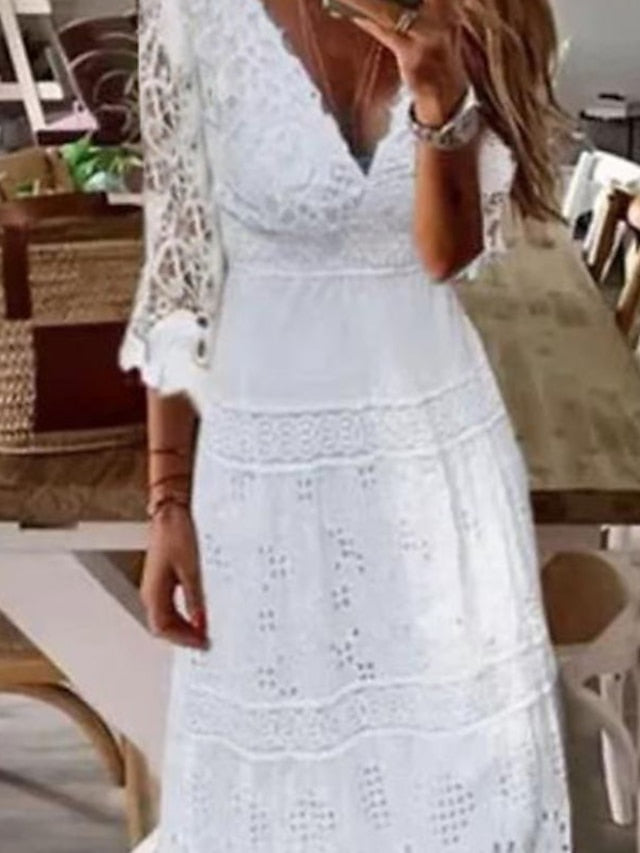 Women's Lace Dress Swing Dress Boho Dress Eyelet Spring Dress Summer Dress Long Maxi Dress White 3/4 Length Sleeve Pure Color Hollow Out V Neck Fashion Wedding Guest 2023 S M L XL XXL - LuckyFash™