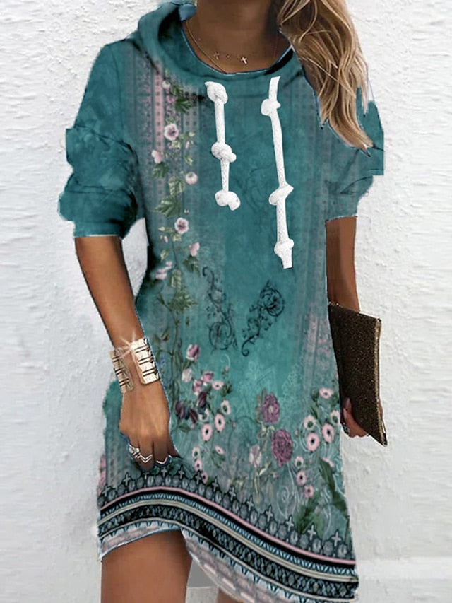 Women‘s Hoodie Dress Winter Dress Sweatshirt Dress Winter Dress Green Blue Purple Long Sleeve Floral Print Winter Fall Hooded Vacation Casual Fall Dress 2022 S M L XL XXL 3XL - LuckyFash™