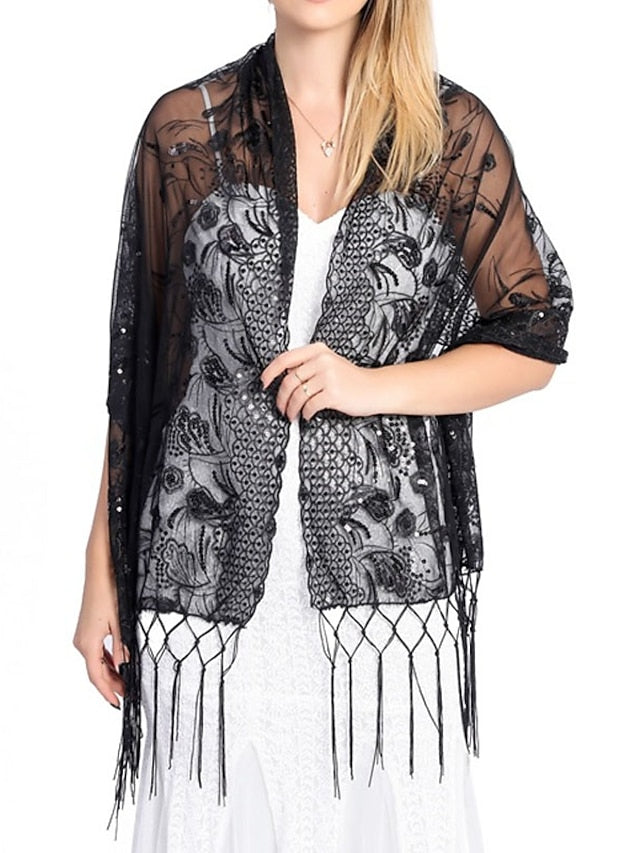 Women's Women's Shawls & Wraps Party Wedding Indoor Light Blue Black White Scarf Embroidered Flower - LuckyFash™