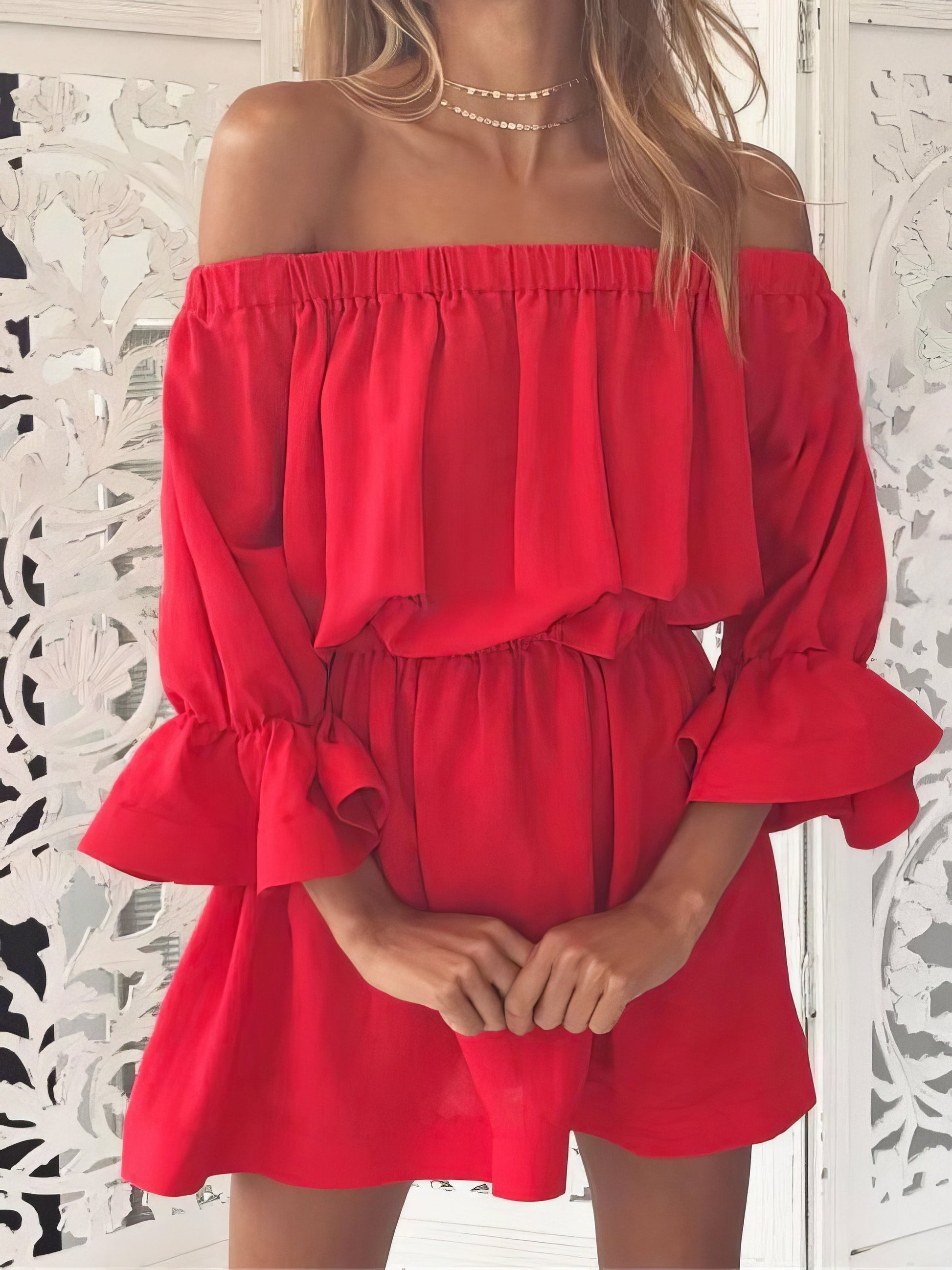 One shoulder Waisted Three-quarter Sleeve Dress - LuckyFash™