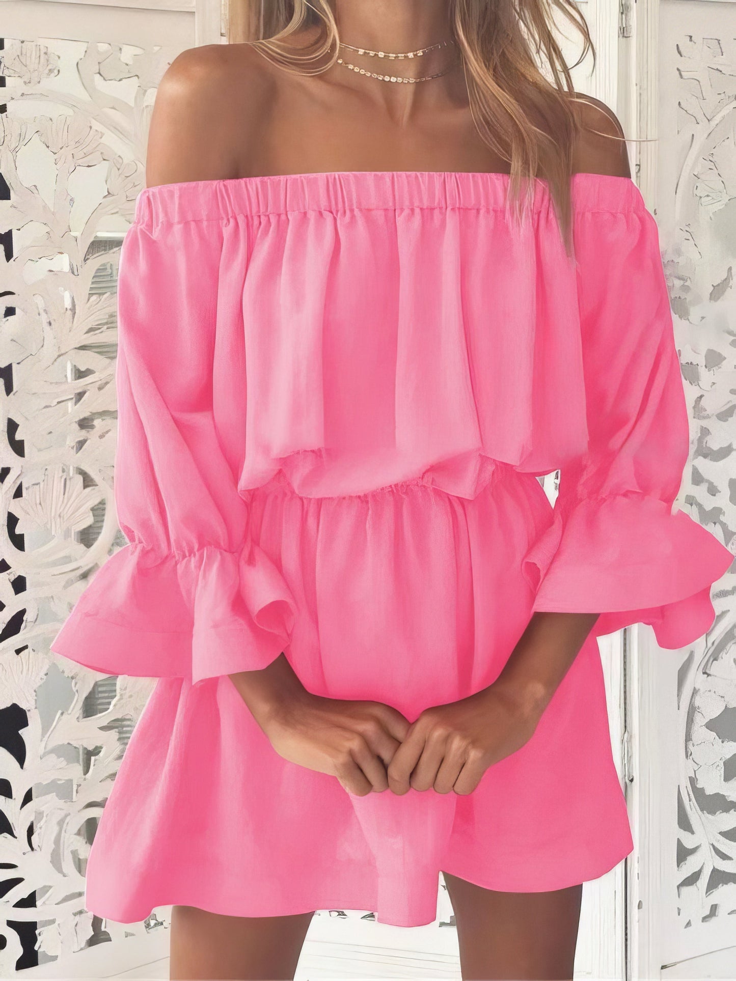 One shoulder Waisted Three-quarter Sleeve Dress - LuckyFash™
