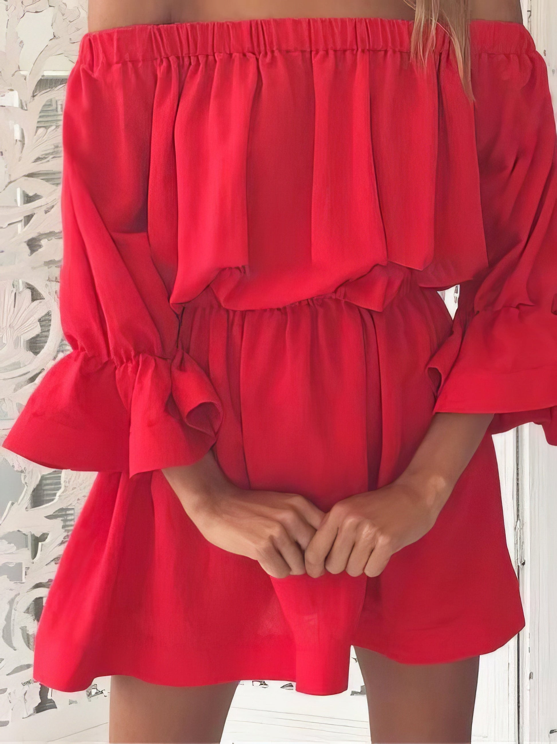 One shoulder Waisted Three-quarter Sleeve Dress - LuckyFash™