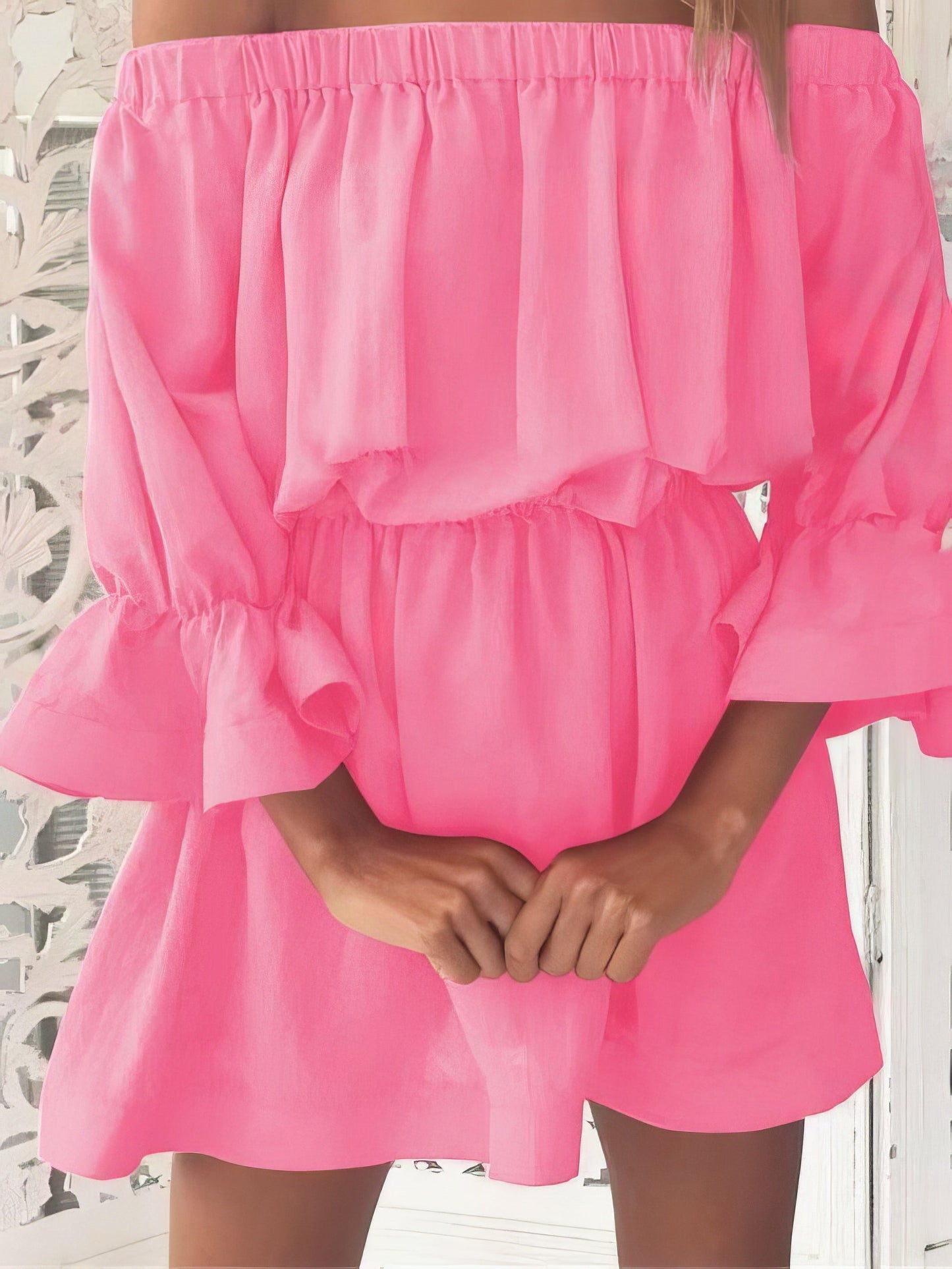 One shoulder Waisted Three-quarter Sleeve Dress - LuckyFash™