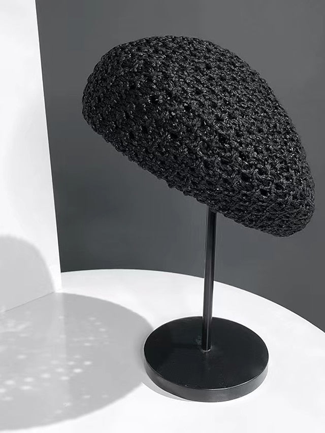 Spring Summer Breathable Straw Hat Female Unique Beret Black Khaki Beige British Beret Hat Hollow Artistic Painter Hat - LuckyFash™