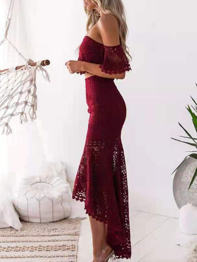 Women's Lace Dress Dress Set Two Piece Dress Long Dress Maxi Dress White Wine Dark Blue Short Sleeve Pure Color Lace Spring Summer Strapless Stylish Weekend Slim 2023 S M L XL - LuckyFash™