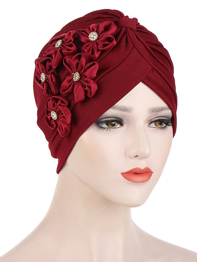 Elegant Women Five Flowers Turban Caps Muslim Elastic Crystal Party Headscarf Bonnet Ladies Hair Accessories Indian Cap - LuckyFash™