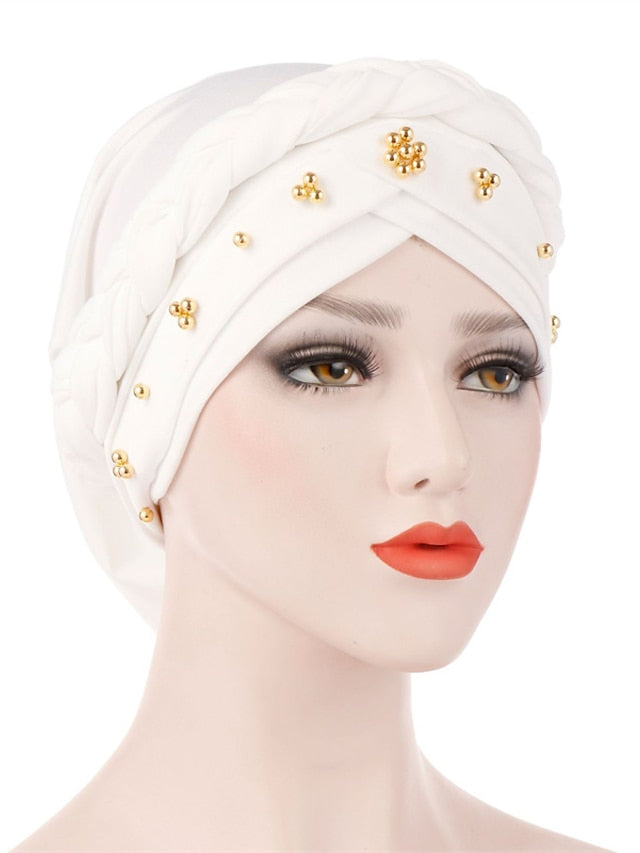Women Lady Gold Beads Muslim Braid Head Turban Soft Islamic Arab Cap Hat Hair Care Bonnet Beanies Fashion for Women - LuckyFash™