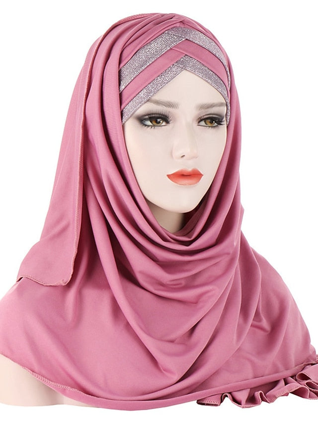 Forehead Cross Hair Wrap Scarf Solid Color Glitter Sequins Jersey Hijabs Muslim Headband Women Turban Hair Cap Headscarf - LuckyFash™