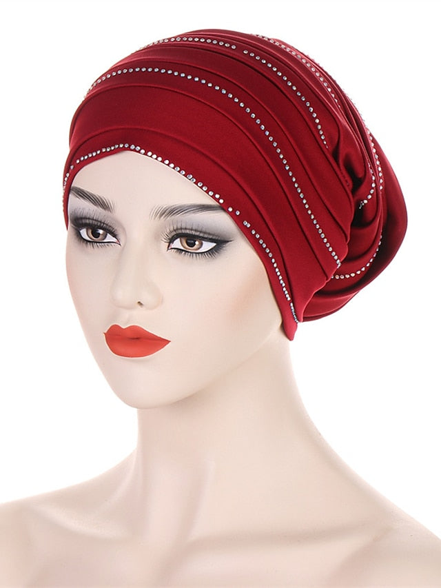 Rhinestones Women's Pleated Turban Cap African Hat Muslim Headscarf Bonnet Ladies Head Wraps - LuckyFash™