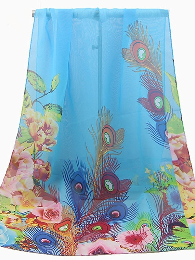 Ladies Peacock Feather Print Chiffon Silk Scarf Sun Protection Beach Towel Shawl - LuckyFash™