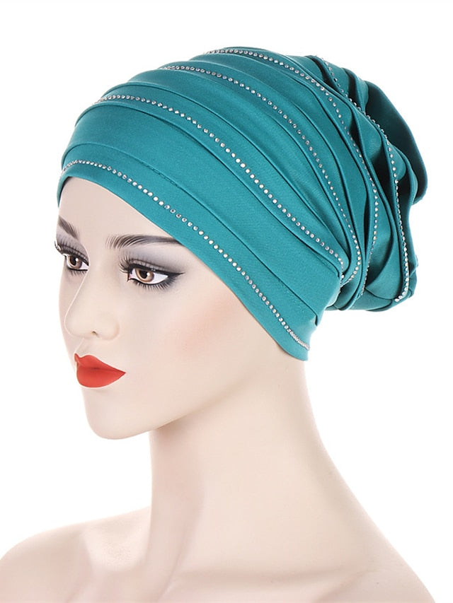 Rhinestones Women's Pleated Turban Cap African Hat Muslim Headscarf Bonnet Ladies Head Wraps - LuckyFash™