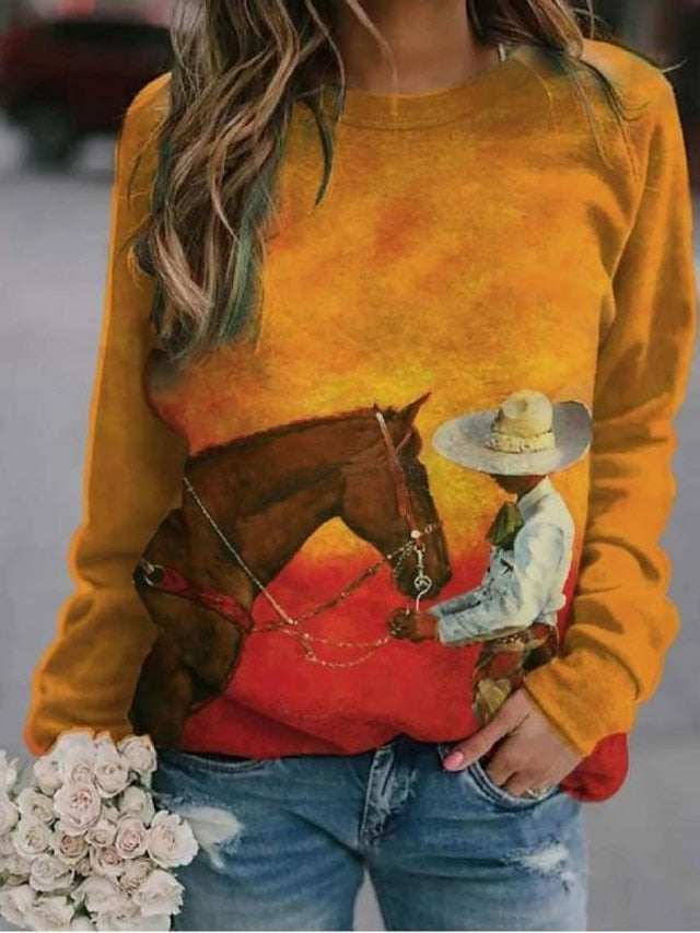 Women's Hoodie Sweatshirt Pullover Streetwear Casual Purple Yellow Khaki Graphic Horse Loose Fit Daily Round Neck Long Sleeve S M L XL XXL - LuckyFash™