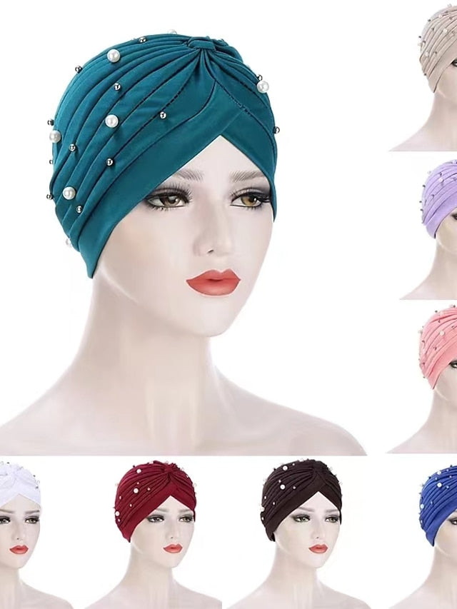 Boutique Solid Folds Pearl Muslim Turban Scarf Women Elastic Islamic Inner Hijab Caps Arab Wrap Head Femme Musulman Turbante - LuckyFash™