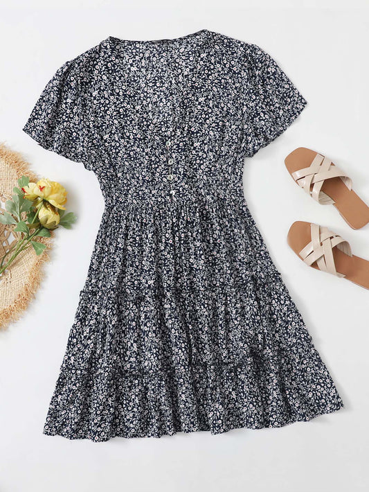 Plus Buttoned Front Frill Trim Ditsy Floral Dress - LuckyFash™