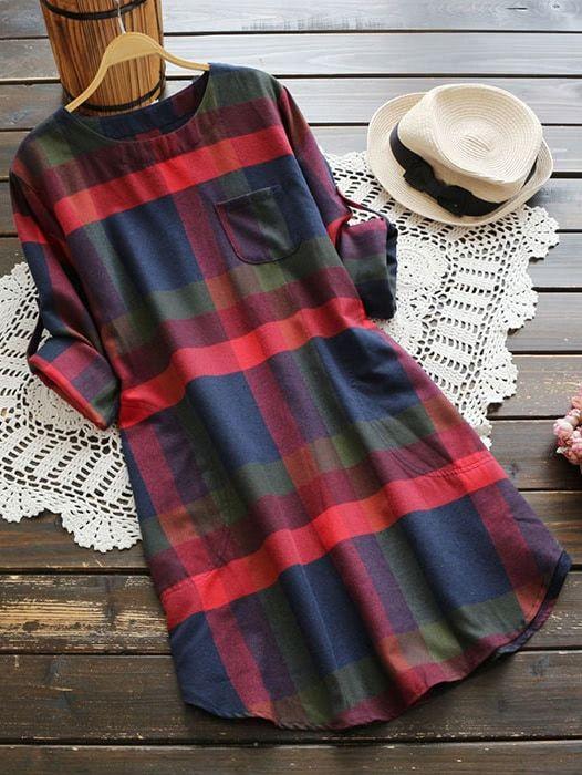 Plus Plaid Curved Hem Tee Dress - LuckyFash™