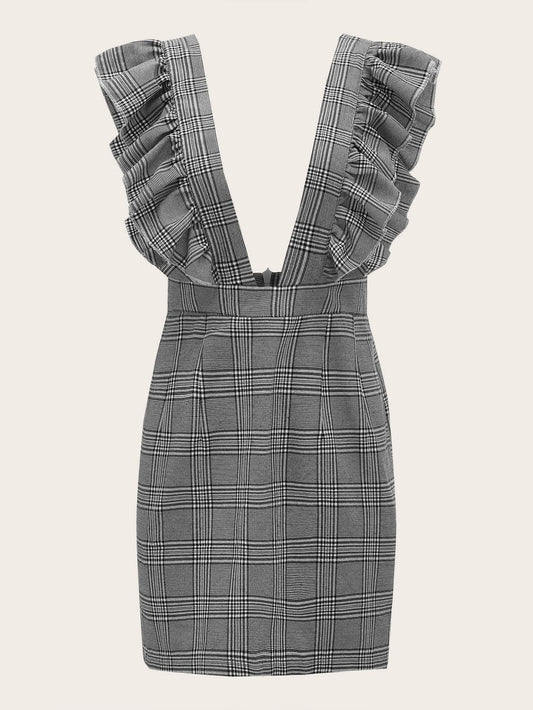 Plus Plaid Ruffle Trim Suspender Dress - LuckyFash™