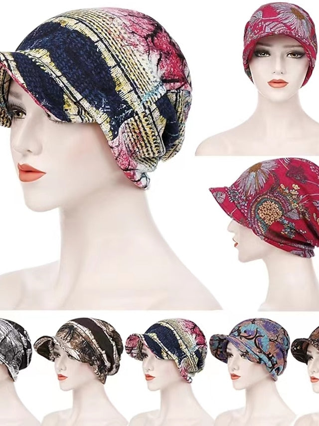 Women's Print Beanies Hat Female Autumn Winter Cotton Baseball Hats Ponytail Vintage Warm Turban Cap Visors Caps - LuckyFash™