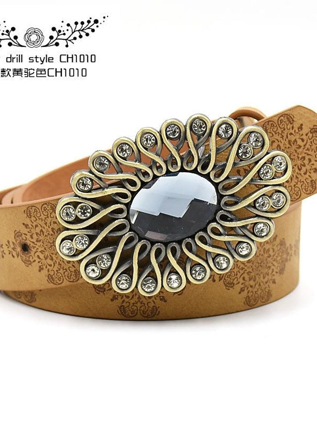 Women's PU Buckle Belt PU Leather Metal Bucke Engraved Crystal Rhinestone Classic Vintage Retro Wedding Party Rhinestone black ch1047 Rhinestone yellow camel ch1067 Rhinestone yellow camel ch1024 - LuckyFash™